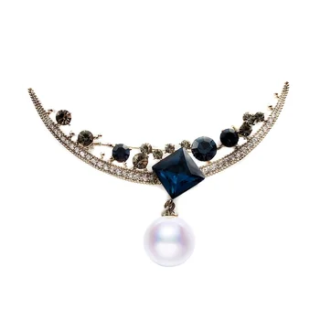 Vintage Micro Pave Crystal Clear & Tmavo Modrým Polmesiacom Brošne Zlatý Tón Napodobňované Pearl Drop Mesiac Kolíky Unisex Vyhovovali Šperky