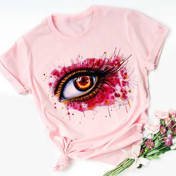 Veľké Oči Harajuku Kawaii Cartoon Ružové Tričko Ženy Malé Čerstvé T-shirt 90. rokov Grafické Módne Tričko kórejský Štýl Top Tee Žena