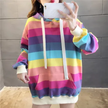 Harajuku Rainbow Prúžok Hoodies Ženy Mikina Voľné Pulóver pre Sladkých Dievčat, Pastel Fahion Ružové Oblečenie Roztomilý Japonsko Hoodies