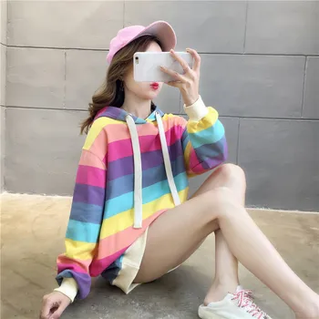 Harajuku Rainbow Prúžok Hoodies Ženy Mikina Voľné Pulóver pre Sladkých Dievčat, Pastel Fahion Ružové Oblečenie Roztomilý Japonsko Hoodies