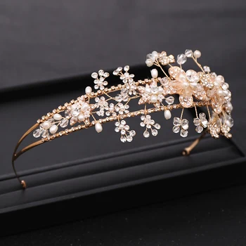 Moderné Svadobné Headdresses Golden Flower Tiara Drahokamu Crystal Pearl Koruny Svadobné Tiara Princezná Strany Hlavový Most Príslušenstvo