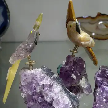 Prírodný drahokam crystal vyrezávané vták Figúrka ametyst klastra Kremeň Papagáj pre domáce dekorácie