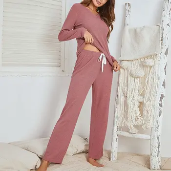 2020 Jeseň Nové Dámske Pyžamo Nastaviť Pohodlie Farbou Ženy Sexy tvaru oblečenie pre voľný čas 2 ks Dlhým Rukávom+Nohavice Bežné Nosenie Ženy Nastaviť