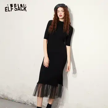 ELFSACK Pevné Minimalistický Kontrast Oka Vysoký Pás Bežné Šaty Žien,2020 Jesenné Vinobranie Čistý kórejský Dámy Štíhle Party Šaty