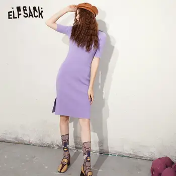 ELFSACK Pevné Minimalistický Kontrast Oka Vysoký Pás Bežné Šaty Žien,2020 Jesenné Vinobranie Čistý kórejský Dámy Štíhle Party Šaty