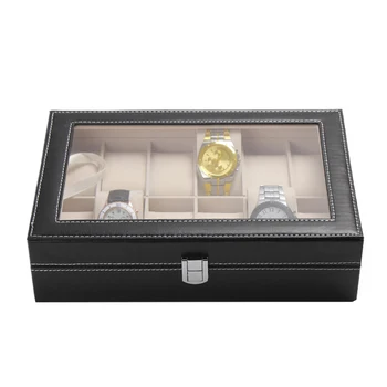 Hot Predaj 12 Slot Faux Kožené Hodinky Box Náramkové Hodinky Zobrazenie Prípade Sledovať Organizátor Šperky Úložný Box Watch Box Šperky Zobraziť