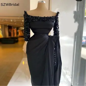 Nový Príchod Spandex Čierne Večerné šaty pre ženy, Dlhý rukáv večerné šaty Sequined Čipky Abaya dubaj Dlhé šaty