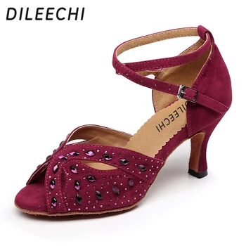 DILEECHI Diamond velvet latinské tanečné topánky pre dospelých žien vysoké podpätky lete square dance sandále mäkká podrážka