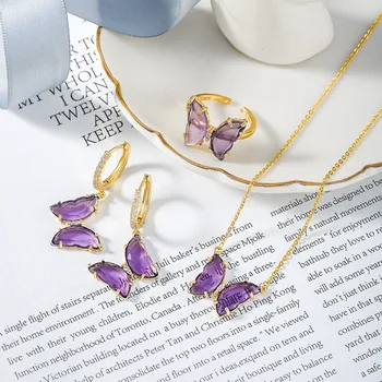 2020 Nový Príchod kórejský Trendy Crystal Motýľ Fialový Náhrdelník/náušnice/prsteň, Šperky Sady Sladké Módne Šperky Oorbellen