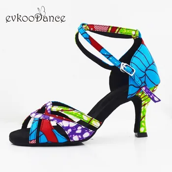 Evkoodance Zapatos De Baile Modrá Africký Štýl Saténové Tanečné Topánky 7 cm latinskej Sála Salsa Tanečné Topánky pre Ženy a Dievčatá