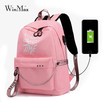 Winmax Svetelný USB Nabíjanie Ženy Batoh Módne Listov Tlač Školské tašky Dospievajúce Dievčatá Stuhy Batoh Mochila Sac Dos