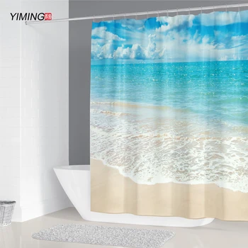 3D beach scenérie prímorské kúpeľňa dekorácie nepremokavé sprchový záves polyester umývateľný domáce dekorácie záves s hákom
