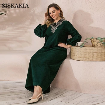 Siskakia Vintage Etnických Maxi Šaty pre Ženy, Plus Veľkosti, tvaru Svietidla Rukáv Turecko arabčina Oblečenie 5XL 4XL Zelená Jeseň Zima Nové