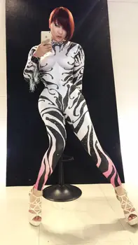Nový Sexy Zebra Žena Spevák Tesný Strapce Jumpsuit Žena Viesť Tanečné Tím Tanečný Kostým Party Show Výkon Kostým Kostým