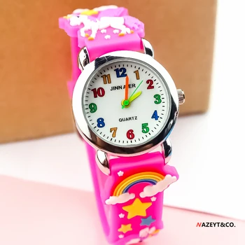 3D deti cartoon farba list ABC dial quartz hodinky dievčatá krásna dúha dial rose silikónový pásik darček hodiny deti hodinky