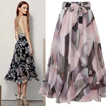 2020 Streetwear Ženy Letné Sukne Elastické Vysoký Pás Jupe Femme 4XL 5XL Plus Veľkosť Sukne Midi Ružová Čierna stuha Tlač na Kvetinový Sukne