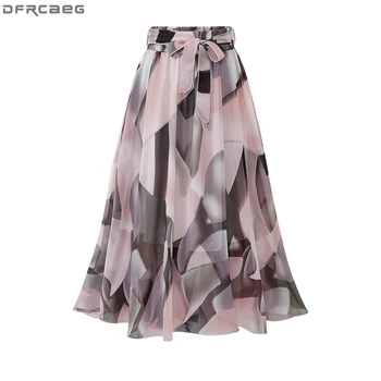 2020 Streetwear Ženy Letné Sukne Elastické Vysoký Pás Jupe Femme 4XL 5XL Plus Veľkosť Sukne Midi Ružová Čierna stuha Tlač na Kvetinový Sukne