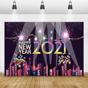 Laeacco Nový Rok Photocall Komické City Budov Ohňostroj Balóny Pennant 2021 Fotografie Prostredí Narodeniny Pozadia Rekvizity