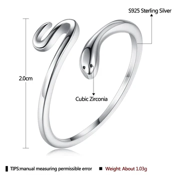 SILVERHOO Reálne 925 Sterling Silver Jednoduché Otvorte Nastaviteľné Prstene Pre Ženy Had Black CZ Koktail Prst Prsteň Strieborné Šperky