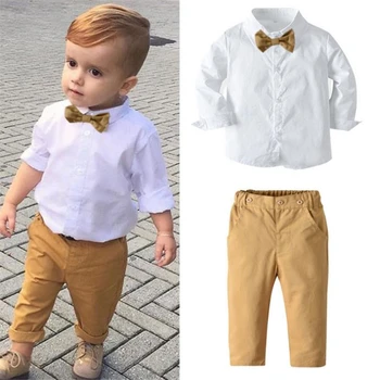 FOCUSNORM Deti Baby Chlapci Gentleman Oblečenie Set 2 ks Pevné Dlhý Rukáv Singel svojim Tričko motýlik + Dlhé Nohavice 1-7 Rokov