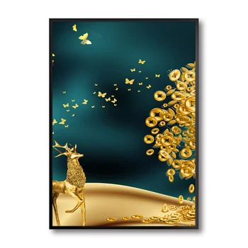 Žiadny rám zlatý strom plátno plagát Zlatý jeleň peniaze strom stenu obrázok islamskej wall art Stále života zlato plagát a výtlačky