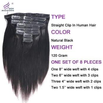 Moderné Zobraziť Vlasy Peruánskej Remy Rovno Clip In Ľudské Vlasy Rozšírenie 120 g Plnú Hlavu Nastaviť 8Pcs Rozšírenia Perruques à Klip