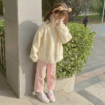 2020 zimné Ženy Škole štýl Medveď tlač Plyšové kabát na oboch stranách Japonský Harajuku Voľné Kawaii Dámske fleece bunda ženy