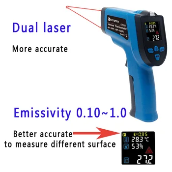 IR Infračervený Teplomer Vlhkomer 0-99%RH Digitálne Non-kontakt Dual Double Laser Zbraň, Farebné LCD K Termočlánkom