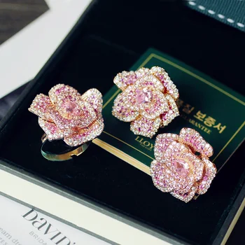 Moderný Full Cubic Zirconia kameň Viacvrstvových Veľké Ružové kvety náušnice nastaviť Dievča sladké Šperky Ženy Romantického Valentína darček