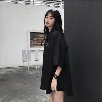 Dámske tričko v lete Gotický kórejský tmavé krúžok pás taška krátky rukáv, dlhé tričko dámske ležérne pohode voľné veľké čierne