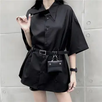 Dámske tričko v lete Gotický kórejský tmavé krúžok pás taška krátky rukáv, dlhé tričko dámske ležérne pohode voľné veľké čierne