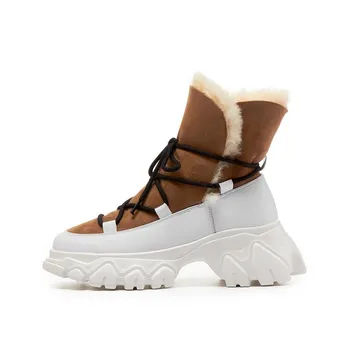 2020 ženy čižmy zimné kožušinu členok boot pravej kože platformy robustný vysoké podpätky cross-viazané teplé vlny plyšové topánky hnedé