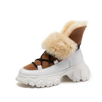 2020 ženy čižmy zimné kožušinu členok boot pravej kože platformy robustný vysoké podpätky cross-viazané teplé vlny plyšové topánky hnedé