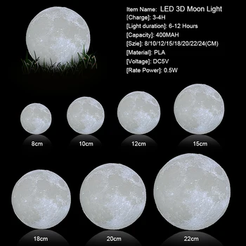 Dropship 3D Tlač Mesiac Lampa 20 cm 15 cm 18 cm Farebné Zmeny Touch USB Led Nočné Svetlo Domova Kreatívny Darček