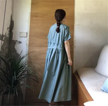 Ženy Letné Šaty Dlhé Šifón Skladaný Šaty Pevné O-krku Japonsko kórejská Vintage Lady Úrad Práce Bežné Nosenie Dievčatá Šaty 2019