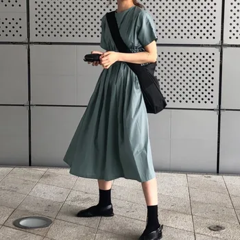 Ženy Letné Šaty Dlhé Šifón Skladaný Šaty Pevné O-krku Japonsko kórejská Vintage Lady Úrad Práce Bežné Nosenie Dievčatá Šaty 2019