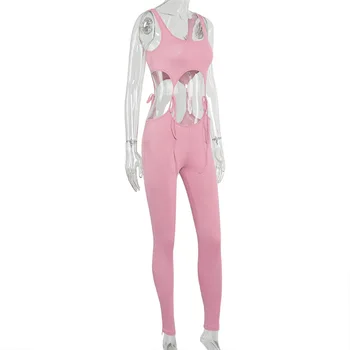 NewAsia Oddeliteľné Jumpsuit 2020 Nové Rebrovaný Farbou Leta Kombinézach Sexy Pás Zviazať Obleky Pre Ženy Bežné Nohavice