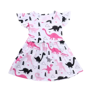 6M-4t-taktné Letný Detský Baby Girl Dress Krátky Rukáv Biele Kolo Krku Dinosaura A-line Šaty Roztomilý Oblečenie Oblečenie Kostým