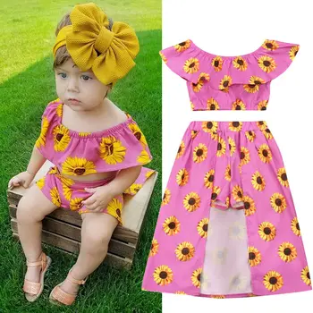 Batoľa Detský Baby Girl Šaty Slnečnice Vytlačiť, Ramenný Plodín Topy+Koncové Šortky 2 ks Oblečenia Sunsuit