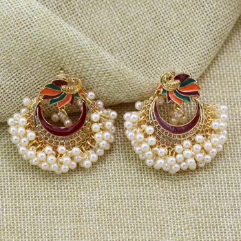 Luxusné Indickej Jhumki Náušnice Simulované Perly Etnických Korálky Vyhlásenie Luster Náušnice India Nevesta Šperky Strany