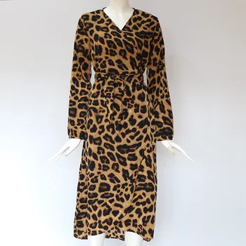 ZOGGA Leopard Tlač Ženy Sexy Šaty V Krku Dlhý Rukáv Vysoký Pás Šaty Bežné Maxi Vintage Nepravidelný Šaty Dlhé Party Šaty