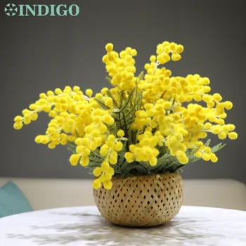 INDIGO - Žltá Mimóza, Kytice Kvetinový Aranžmán (1Set S Bambusom Kôš) Darček Umelé Čaj Stôl Bonsai Prípade Vrchol