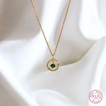 925 Sterling Silver Emerald Crystal Geometrické Kruhu Prívesok Clavicle Reťazca Náhrdelník Ženy 14k Zlata Módne Jednoduché Strany Šperky