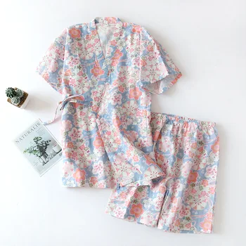 Dámske Letné Bavlna-Krátke Rukávy Kimono Pyžamo Tenké Roztomilý Čerstvé Sladké Voľný čas 2 Kus Sleepwear Šortky Tlač Domáce Oblečenie