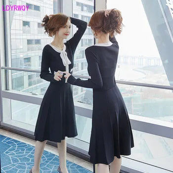 2021 jeseň nový kórejský módne temperament žien dlhým rukávom malé vôňa Slim tenké čerstvé sladké šaty-Line