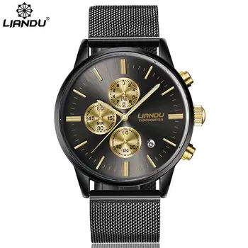 Top značky LIANDU jednoduché módneho priemyslu nepremokavé kalendár chronograf nehrdzavejúcej ocele oka pásu ultra-tenké kremeň, pánske hodinky
