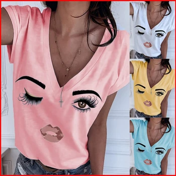 Letné Roztomilý Vtipné Ženy Príčinné Krátky Rukáv Eye Lip Vytlačený Obrázok Plus Veľkosť V Krku Topy Ženskej Módy Voľné Tričko Camisetas