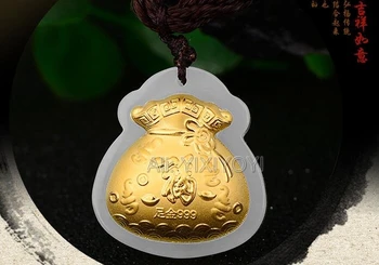 Krásna Prírodná Biela Hetian Jade + 18K Solid Gold Intarzované a Čínskeho Fu Peniaze Taška Šťastie Prívesok + Zadarmo Náhrdelník Jemné Šperky