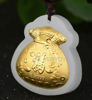 Krásna Prírodná Biela Hetian Jade + 18K Solid Gold Intarzované a Čínskeho Fu Peniaze Taška Šťastie Prívesok + Zadarmo Náhrdelník Jemné Šperky