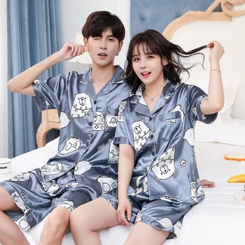 Hodváb pajama pre pár letnej pohode milovníkov' Sleepwear kórejský príležitostné tlače tenké Pyžamá Pre Dospelé Ženy, Mužov, krátky rukáv domov oblek